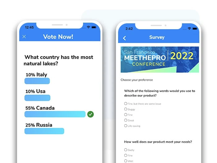 Schermata dell'app Sharevent che mostra sondaggi e questionari di valutazione accessibili via smartphone, con votazioni rapide e multisala per eventi formativi.