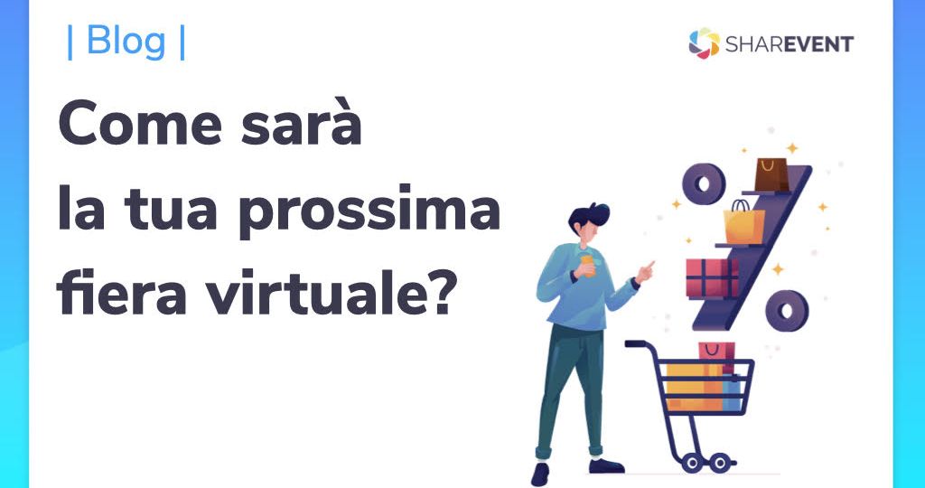 cartoon di un uomo che sceglie prodotti da mettere in un carrello per la sua prossima fiera virtuale