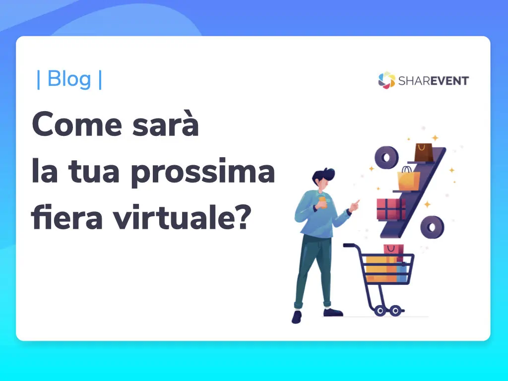 cartoon di un uomo che sceglie prodotti da mettere in un carrello per la sua prossima fiera virtuale