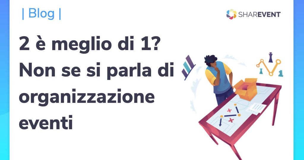 una persona in versione cartoon sta organizzando un evento e valutando gli strumenti da utilizzare