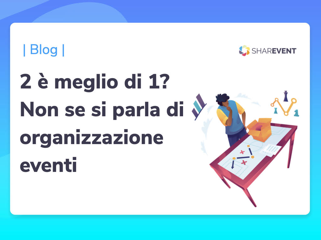 una persona in versione cartoon sta organizzando un evento e valutando gli strumenti da utilizzare