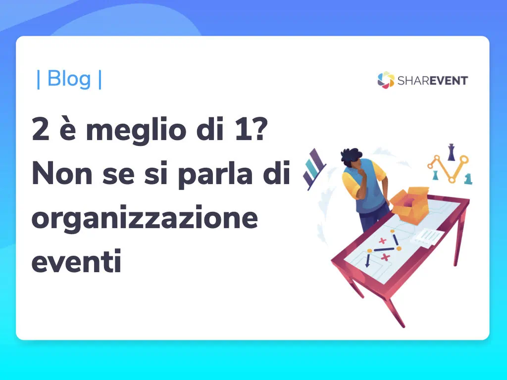 una persona in versione cartoon sta organizzando un evento e valutando gli strumenti da utilizzare
