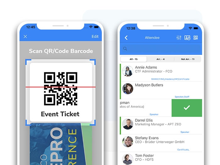 App evento brandizzata SharEvent su due smartphone: check-in con QR code e lista partecipanti