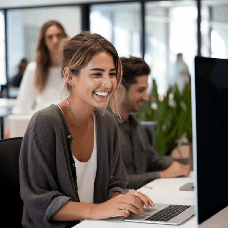 Donna sorridente che lavora al laptop in ufficio con i colleghi