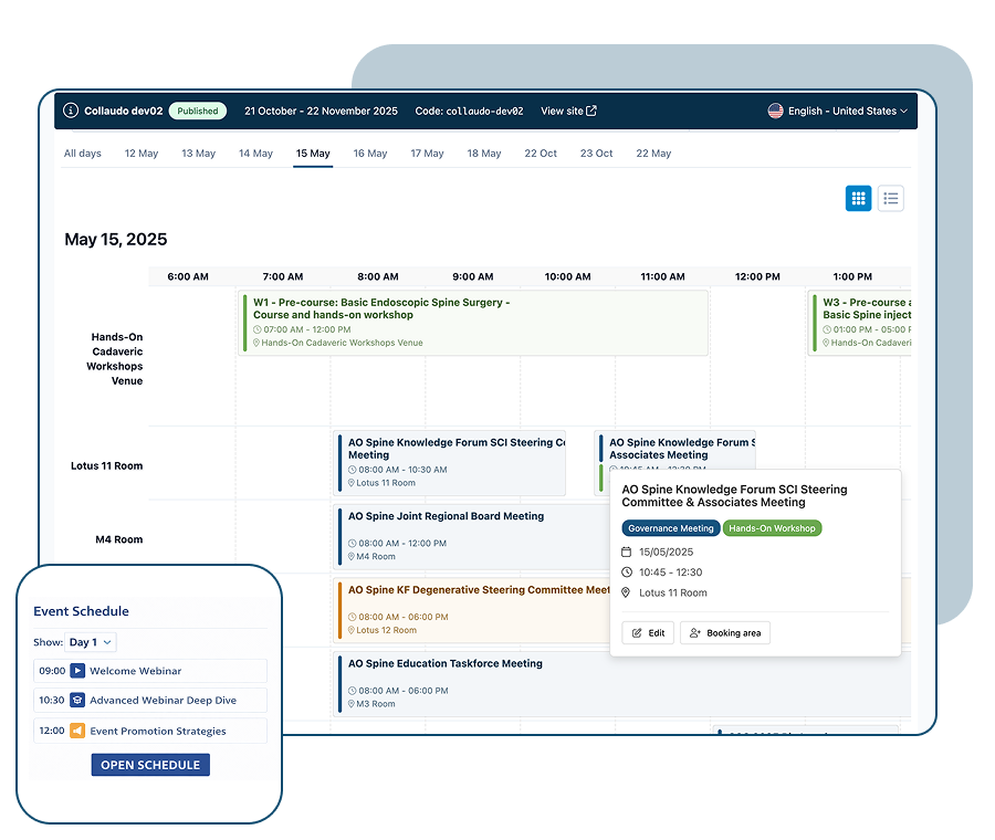 Programma di un evento su SharEvent con timetable e sessioni