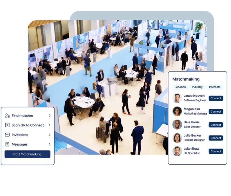 Spazio espositivo virtuale di una fiera con stand e area matchmaking su SharEvent