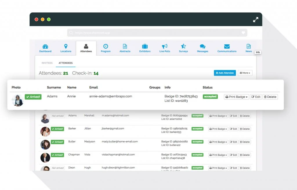Dashboard di SharEvent per preparare un evento con lista ospiti e registrazioni