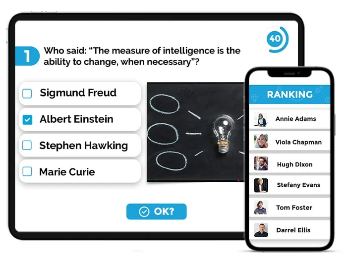 Quiz live di SharEvent con opzioni di risposta e classifica dei partecipanti