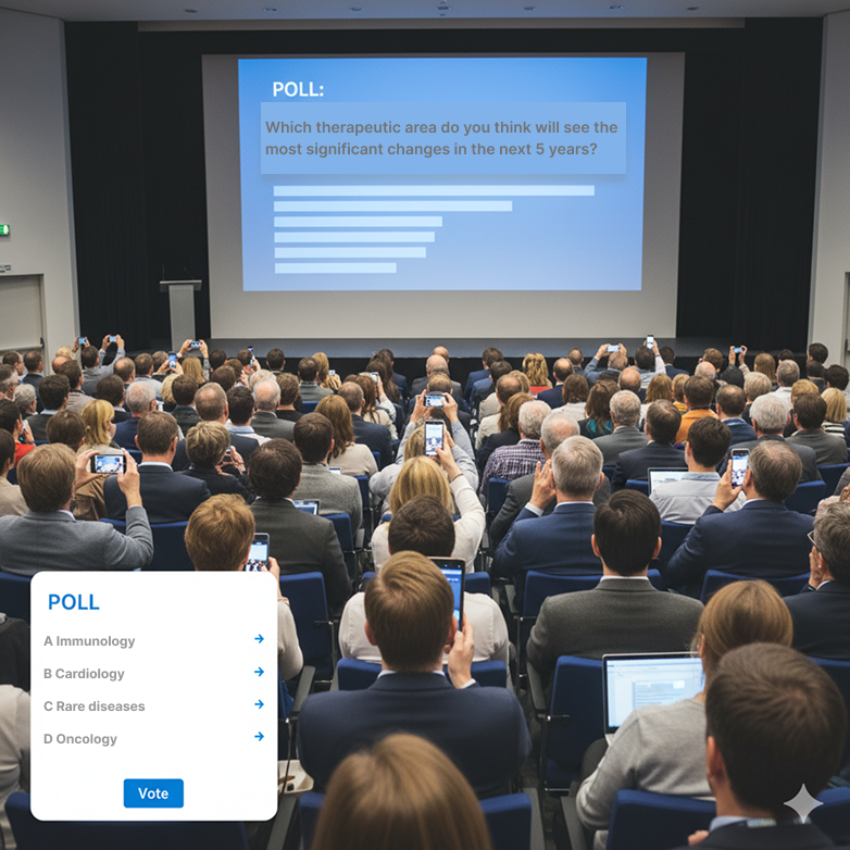 Pubblico in sala a un evento con sondaggio live mostrato sullo schermo tramite SharEvent