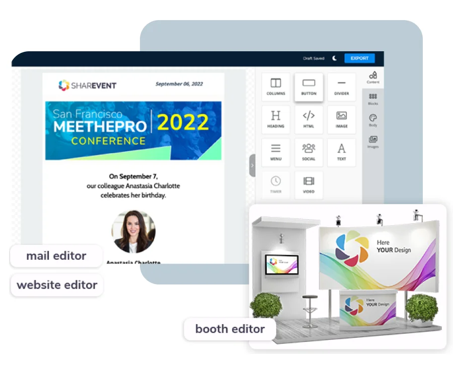 Booth editor di SharEvent per personalizzare uno stand virtuale