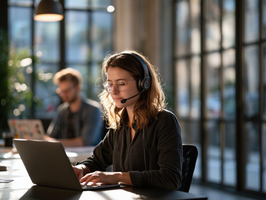 Operatrice del supporto SharEvent con cuffia al laptop