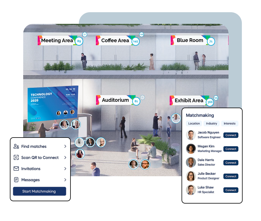 Ambiente 3D di un evento virtuale SharEvent con sale tematiche e area matchmaking