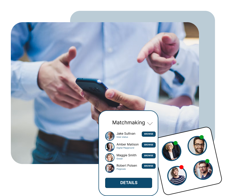 Due partecipanti fanno networking a un evento usando la funzione Matchmaking di SharEvent per trovare e contattare altri ospiti