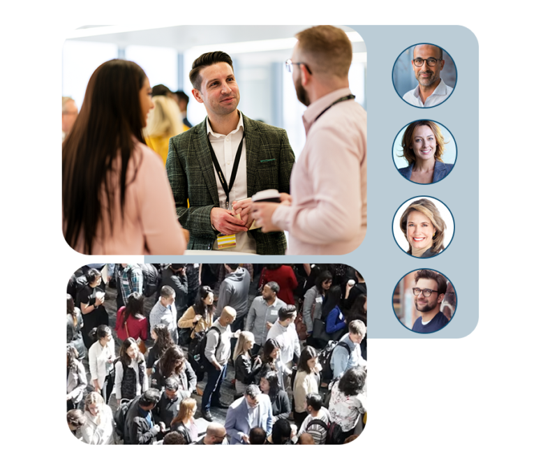 Partecipanti a un open day in un momento di networking, con i profili dei presenti su SharEvent
