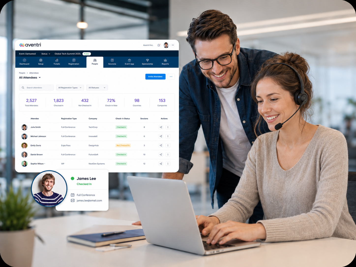 Onboarding di SharEvent con un'operatrice del supporto e un cliente al laptop