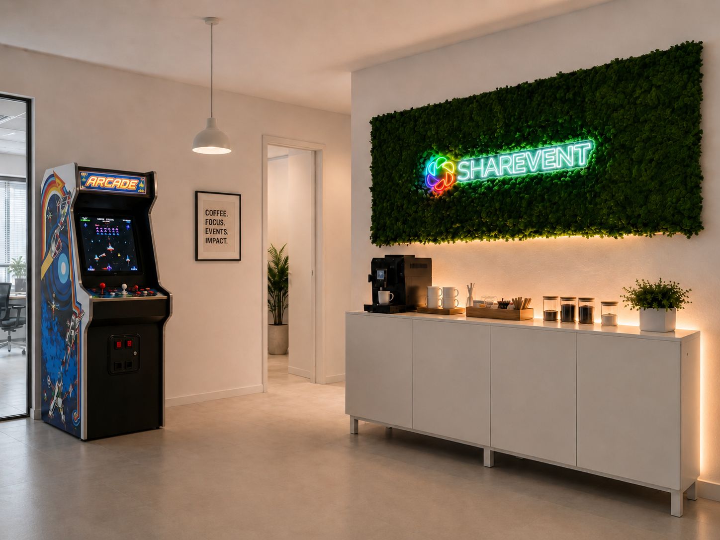 Area relax negli uffici Sharevent con coffee corner, insegna aziendale e sala giochi arcade.