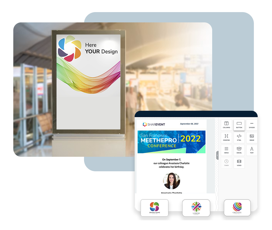 Editor drag-and-drop di SharEvent per creare comunicazioni e materiali brandizzati dell'evento, accanto a un totem espositivo personalizzabile
