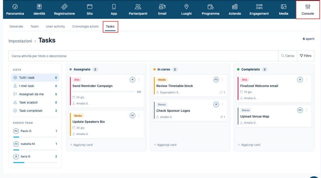 La schermata di Tasks, la funzione di SharEvent per organizzare, assegnare e monitorare organizzazione e gestione di un evento.