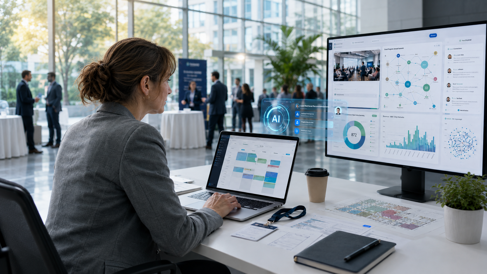 Dashboard AI per la gestione eventi con dati, programma e strumenti di analisi per organizzatori.
