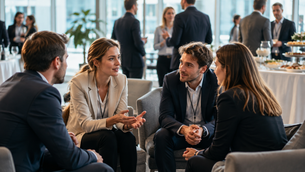 Partecipanti a un evento aziendale conversano in una lounge con buffet sullo sfondo, immagine che rappresenta il valore di engagement e relazione oltre il catering negli eventi.