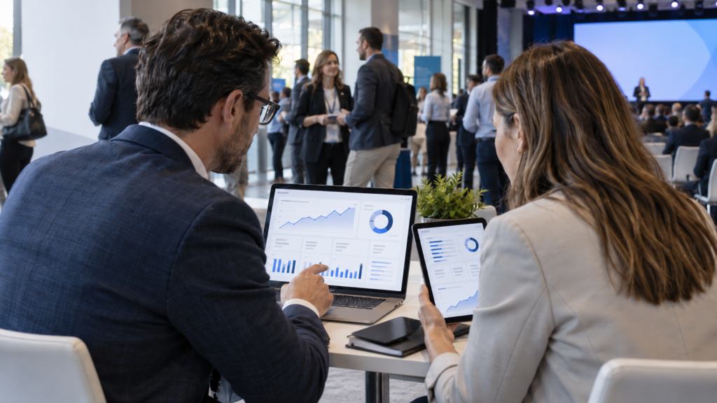 Professionisti analizzano dashboard e report durante un evento aziendale per misurare il valore dell’evento, l’engagement dei partecipanti e i risultati post evento.